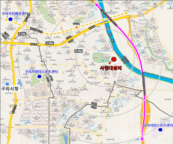 검배 문화체육시설 건립 예정 부지 위치도 및 조감도 (사진=구리시청)